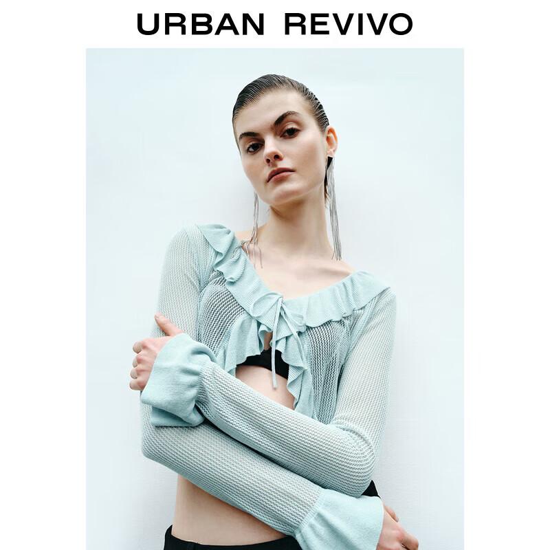 

UR 2025 Весенний Женский Короткий Приталенный Вязаный Кардиган с V-образным Вырезом и Рюшами, Завязывающийся Спереди M