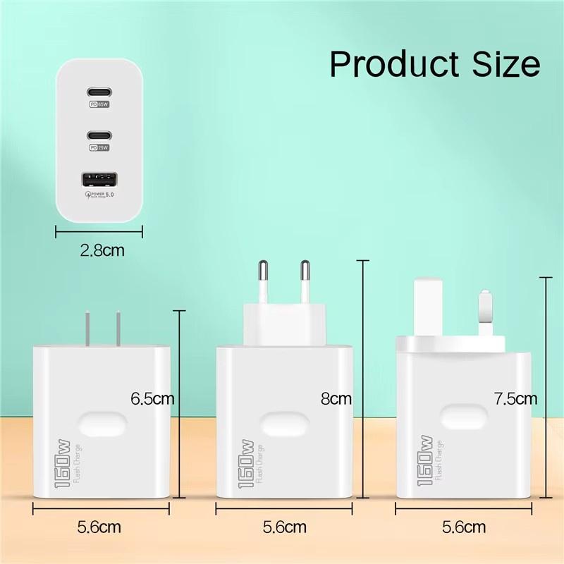 160W 3Ports USB-Ladegerät Schnellladung EU US UK Stecker Wandladegerät PD Schnellladung für iPhone Samsung Xiaomi Huawei Ladeadapter