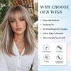 LOUIS FERRE Brown Base Blonde Highlights Medium Straight Layered Wig With Bangs Synthetic Hair Heat Resistant Women Daily Party