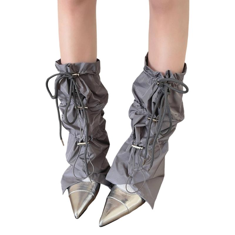 Women Harajuku Leg Warmer with Adjustable Drawstring Punk Flared Long Socks Grunge Baggy Loose Foot Cover Streetwear