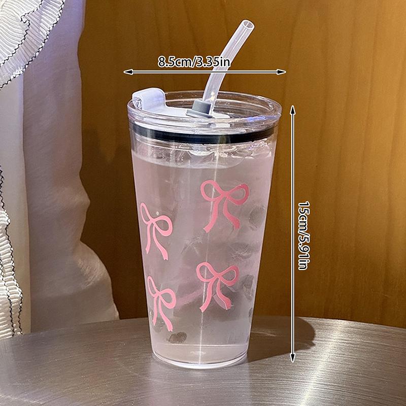 Chic Bow Printed 16.9oz Plastic Water Bottle With Straw And Lid Coffee Cup Travel Mug For Hot And Cold Drinks Outdoor Tableware