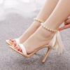 Summer New Brand Ankle Strap Sandal String Bead PU 10.5CM Thin Heels Buckle Strap Wedding Dress Women's Shoes Champagne