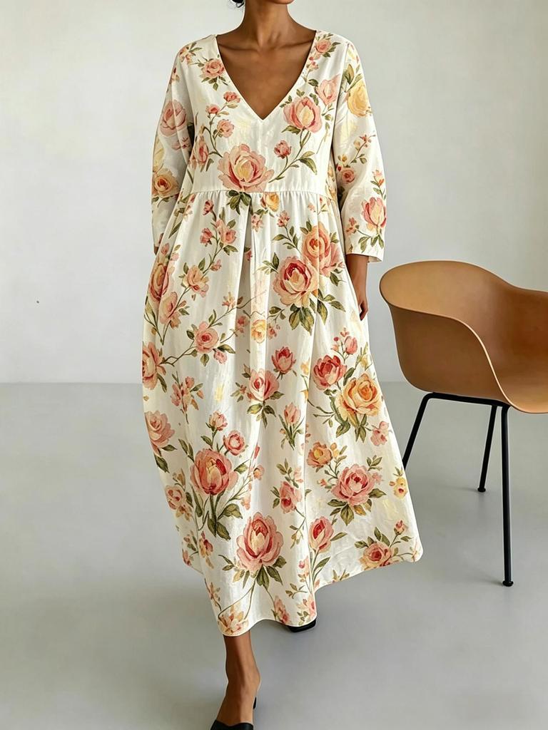 New French v-neck bubble sleeves waist print long dress flowers retro