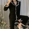 Yousheng 2 Pcs/Set Fall Winter Women Pajamas Suit Ruffle Turn-down Collar Single-brasted Long Sleeve Cardigan Top Wide Leg Pants Sleepwear Casual Home