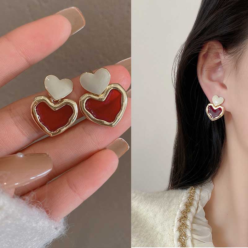 Red Heart Drop Earrings for Woman Korean Trendy Unusual Statement Earrings Party Girls Wedding Jewelry Accessories