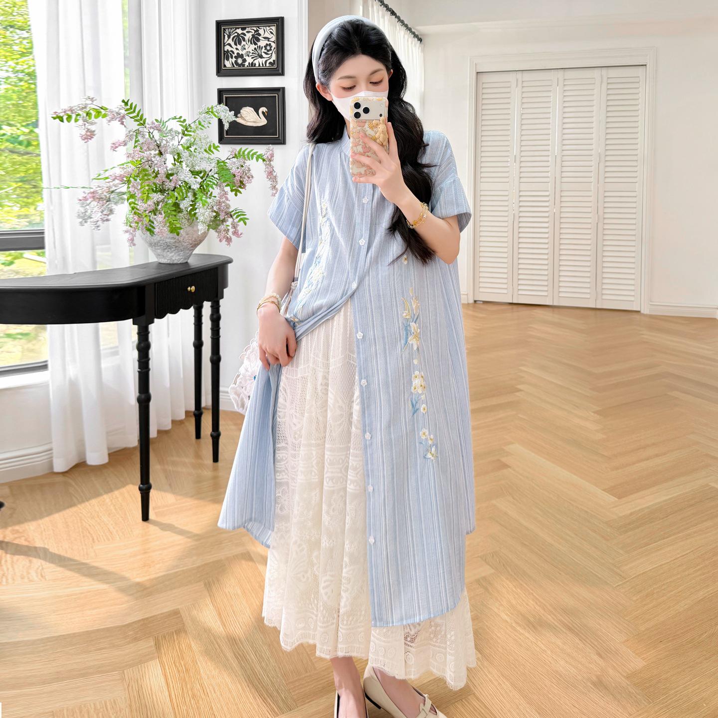 Summer 2026 Elegant Embroidered Striped Dress & Lace Skirt Two-Piece Set X-Large