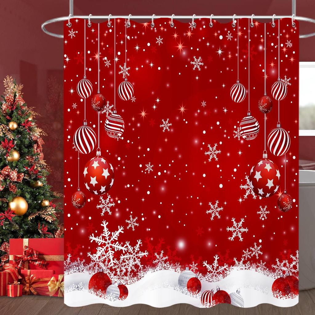 Rote Glitzer-Schneeflocken Weihnachts-Duschvorhang, Wasserdicht Xmas Winterparty Badezimmer Dekoration für Festliche Feiertagsfeier