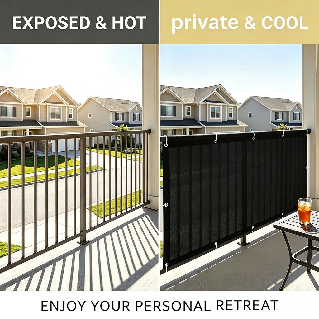 Balcony Privacy Screen, Outdoor Sunshade Fabric, Garden Fence Cover, Apartment Railing Protector with Rope Tie-Downs - Black