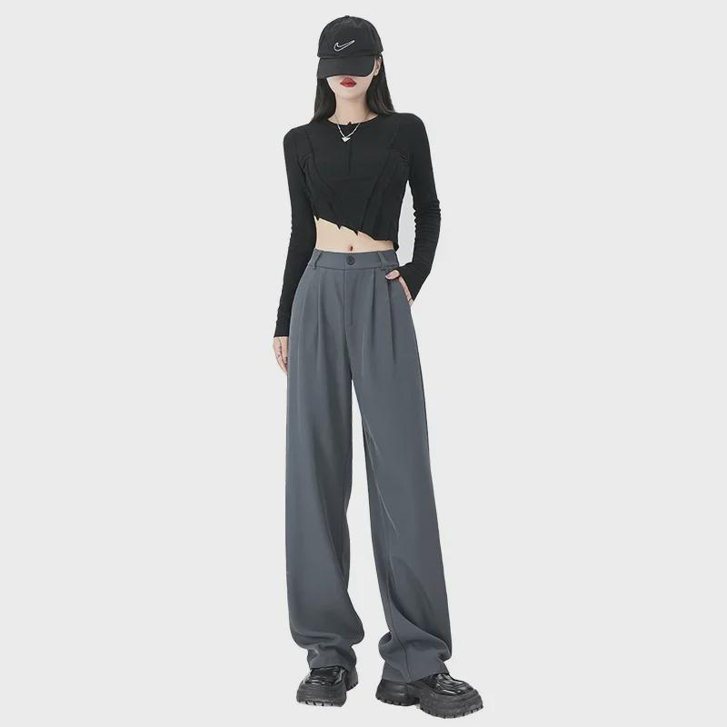 Women's High-Waist Black Wide-Leg Suit Pants - Autumn Casual, Slim, & Straight Leg Fit