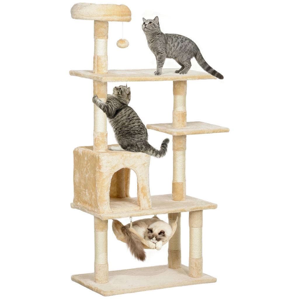 Large Cat Scratching Tree 70x40x152 Cm Cat Tower With Multiple Platforms Cave Hammock Posts Beige