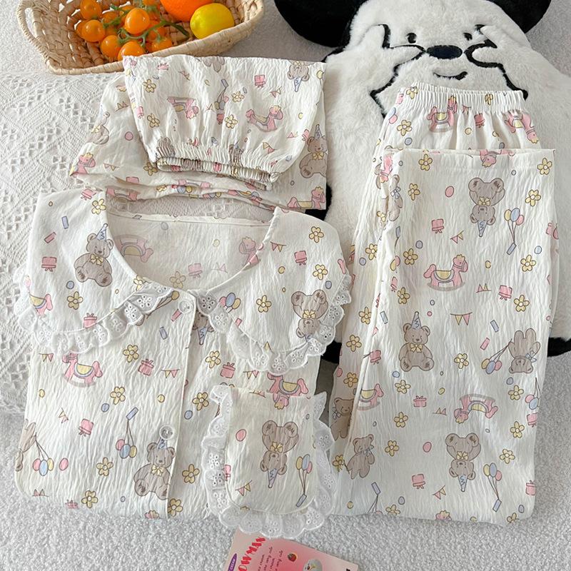 Premium Doll Collar Pajamas Women'S Summer Bear Party Short Sleeve Cloud Cotton Pajamas Women'S Three-Piece Set