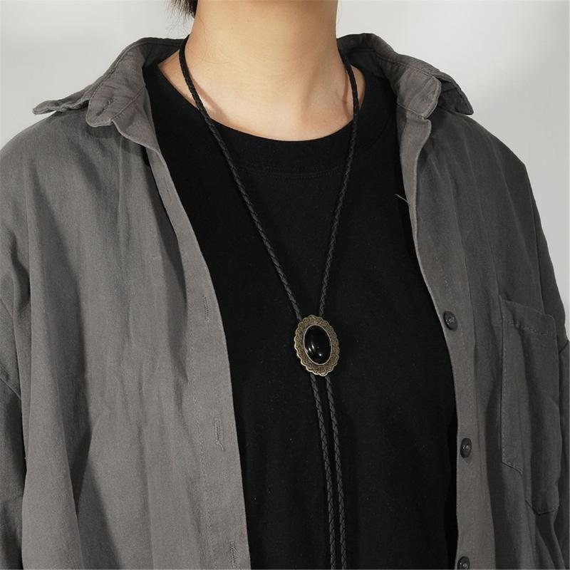 Men's Adjustable Western Bolo Tie Necklace with Antique Black Stone Pendant Charm Leather Cord Necktie Jewelry Accessory