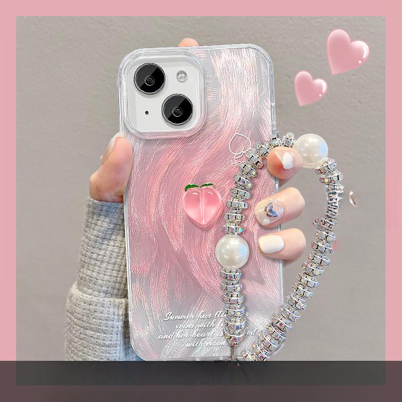 

Suitable for Apple 15 Mobile Phone Case Summer Iphone14 Smudge Peach Doll Bracket Chain 13/12 Feather Yarn IMD iphone 15