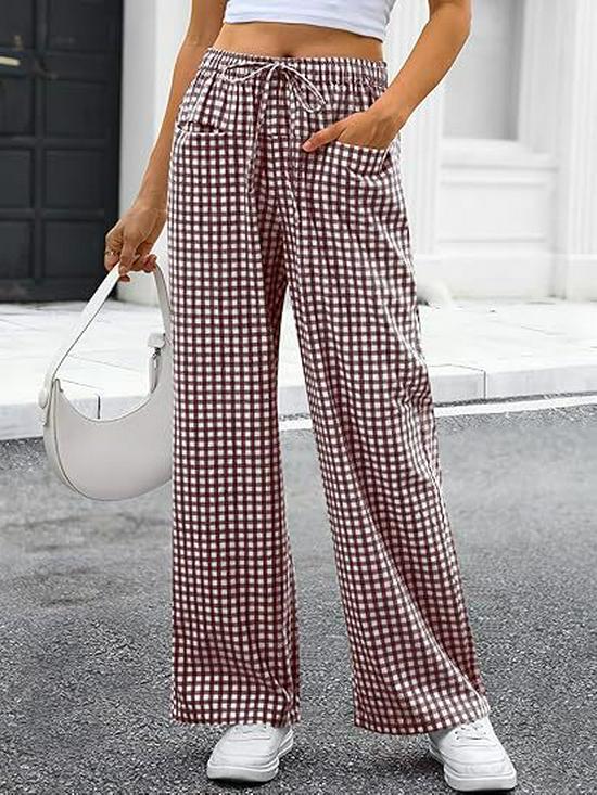 2026 Women's European & American Plaid Trousers - Spring/Summer Casual, Loose Fit, Elastic Waist, Wide Leg with Pockets