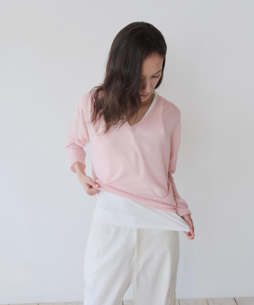 Ieoning Light Linen V-Neck Summer Knit, Powder Pink