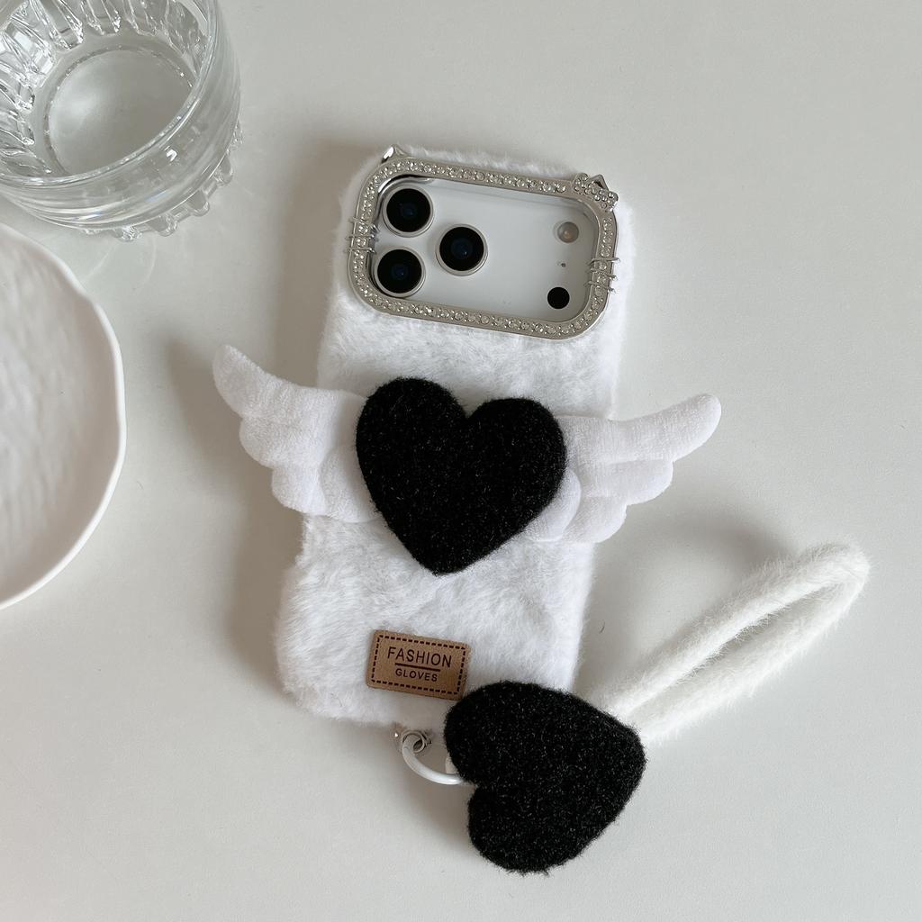 For iPhone 17 Pro Max Case Rhinestone Frame 3D Angel Heart Plush TPU PC Phone Cover with Heart Strap