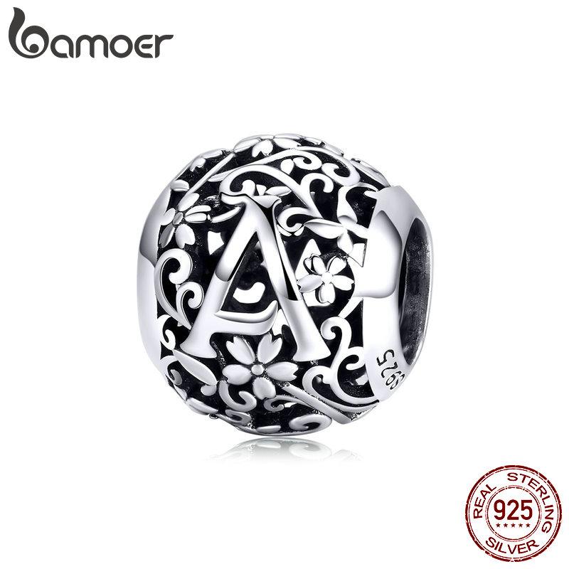 BAMOER 925 Silver Retro Letter Charms Hollowed Alphabet A-Z Round Beads for Women Bracelet DIY Jewelry Making
