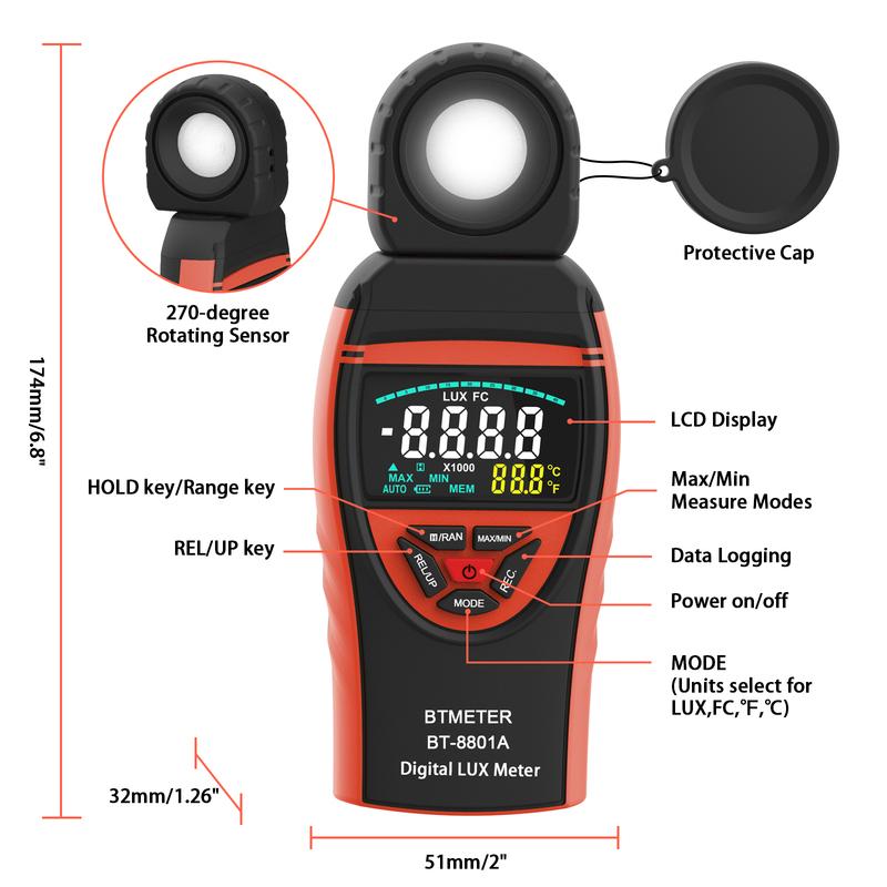Přenosný tester intenzity světla, Rozsah měření 1-400 000 Lux, Digitální luxmetr BT-8801A, Fotometr okolního světla