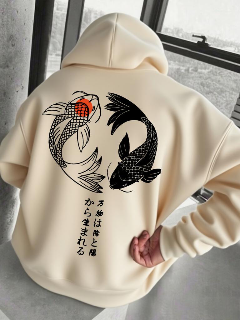 Felpa con cappuccio unisex uomo donna Pesce Koi Stampa Lettere Giapponesi Felpa con cappuccio Manica lunga Top con tasca a marsupio
