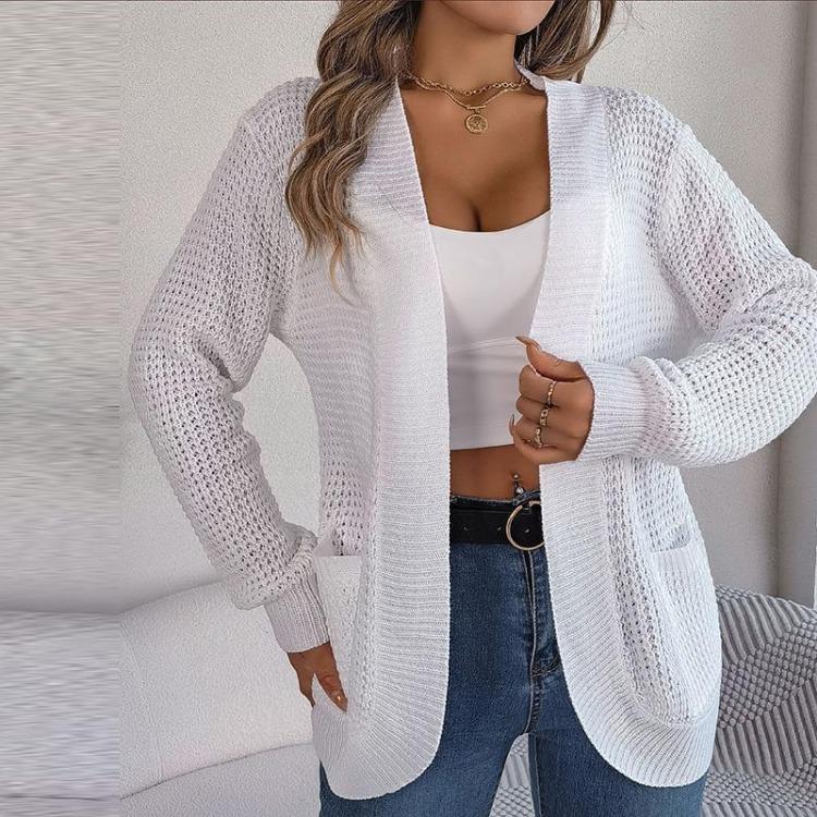 Women Casual Solid Color Knitted Cardigan Long Sleeve Pocket Sweater Autumn Winter