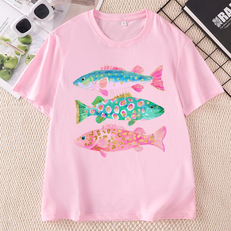 Preppy Fish Tshirt Unisex Summer Coastal Fish Beach Tshirts Causal Round Neck Printed Cotton Short Sleeve T Shirts Unisex Tops