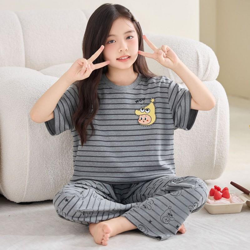 Girls Cotton Pajama Set Short Sleeve Long Pants Cartoon Print Sleepwear Kids Ages 4-12