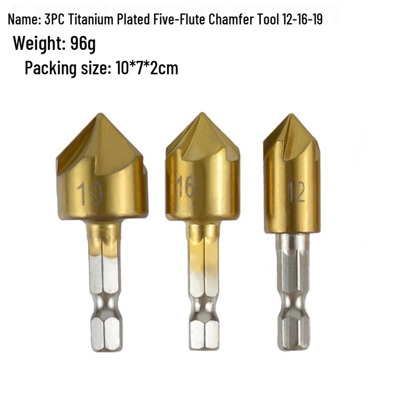 Hex Shank Titanium-Plated Five-Flute Wood Countersink Drill & Chamfering Tool