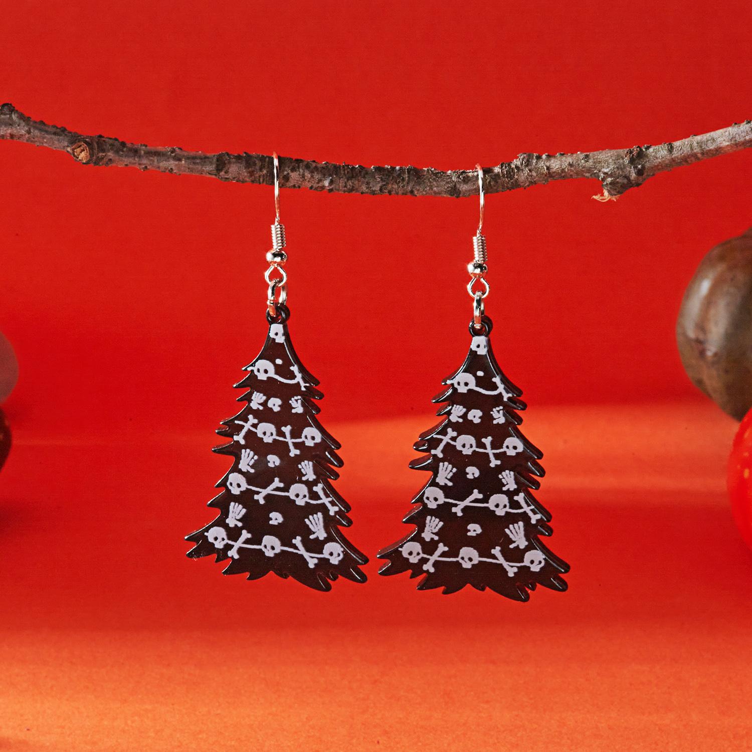

Trendy Halloween Gothic Skeleton Tree Hoop Earrings for Women Dainty Cartoon Skull Drop Earrings Spooky Cosplay Party Zircon