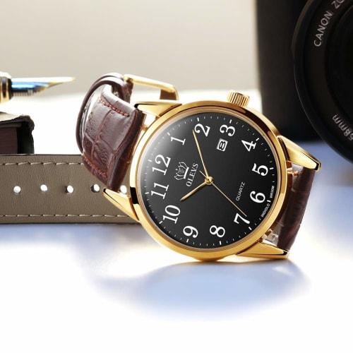 OLEVS Men's Watch Arm Watch Stylish Ultra Thin Leather Strap Quartz Analog Date Display Watch for Men