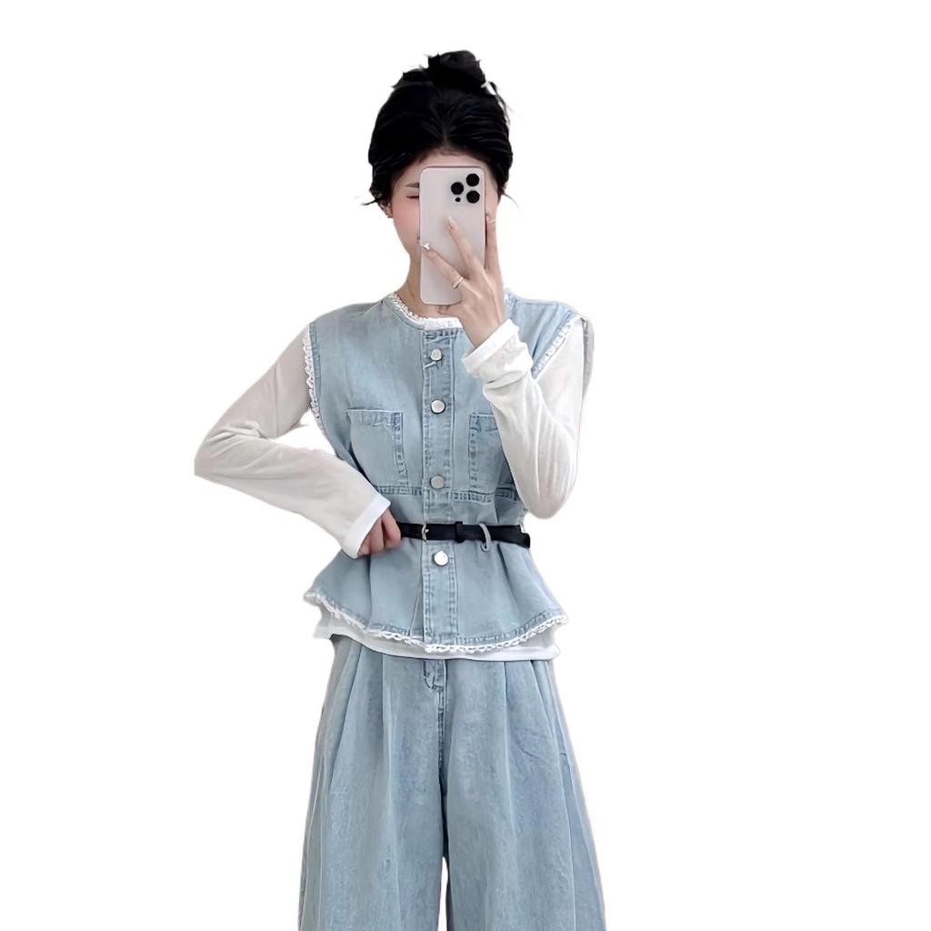 Spring Plus Size Layered Vest & Wide-Leg Jeans Fashionable Three-Piece Set