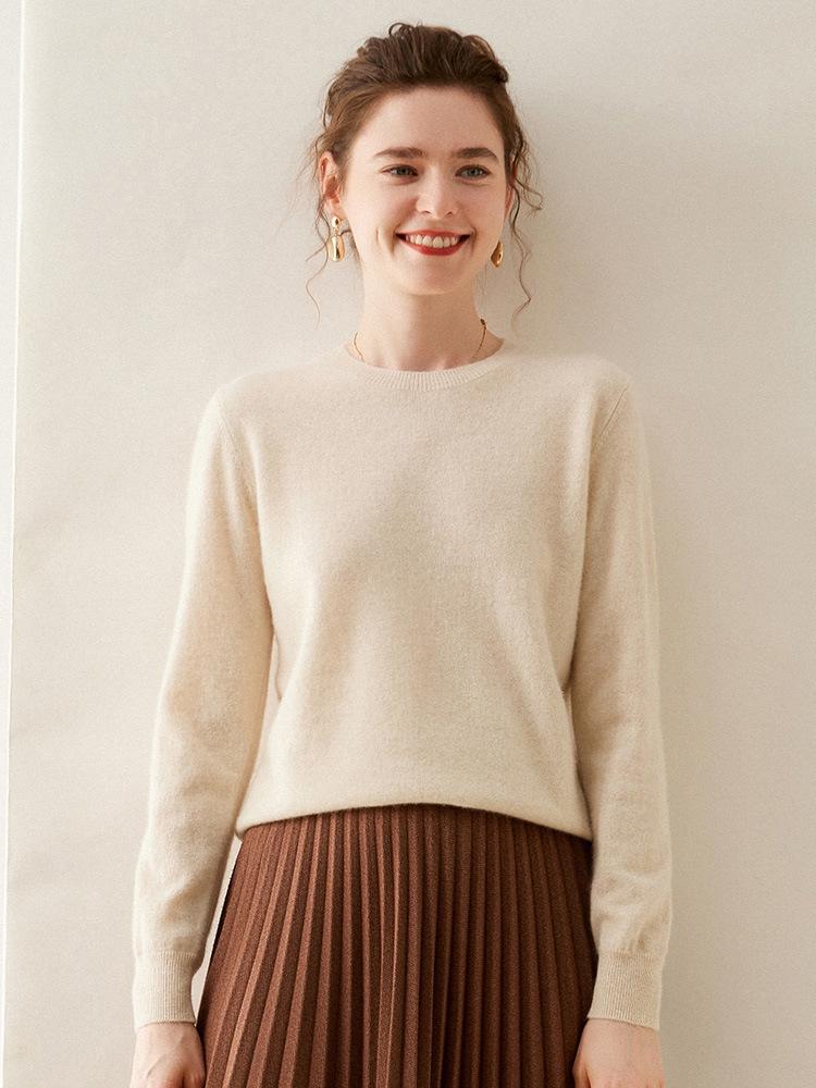 Women's Round Neck Breathable Cashmere Sweater - Solid Color, Long Sleeve Knit Pullover for Winter