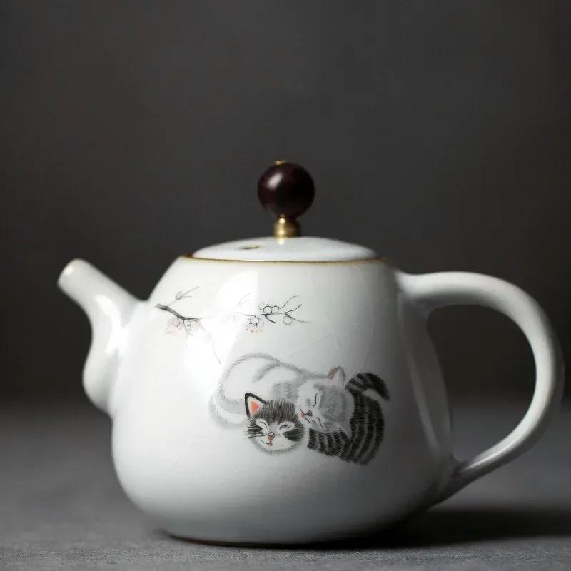 280ml Tetera de Cerámica Tradicional Kiln Ru Hecha a Mano Tetera con Dibujo de Gato Lindo Tetera Portátil de Viaje Tetera con Filtro Juego de Té para el Hogar Vajilla