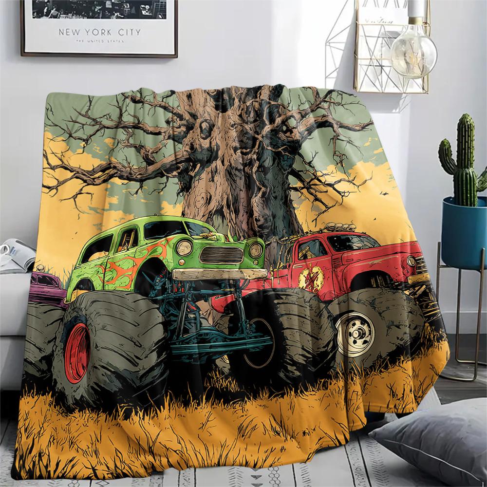 Truck Print Flannel Blanket, High Quality Comfortable for All Seasons, Home Decor, Warmth and Comfort, Perfect for Christmas Gifts