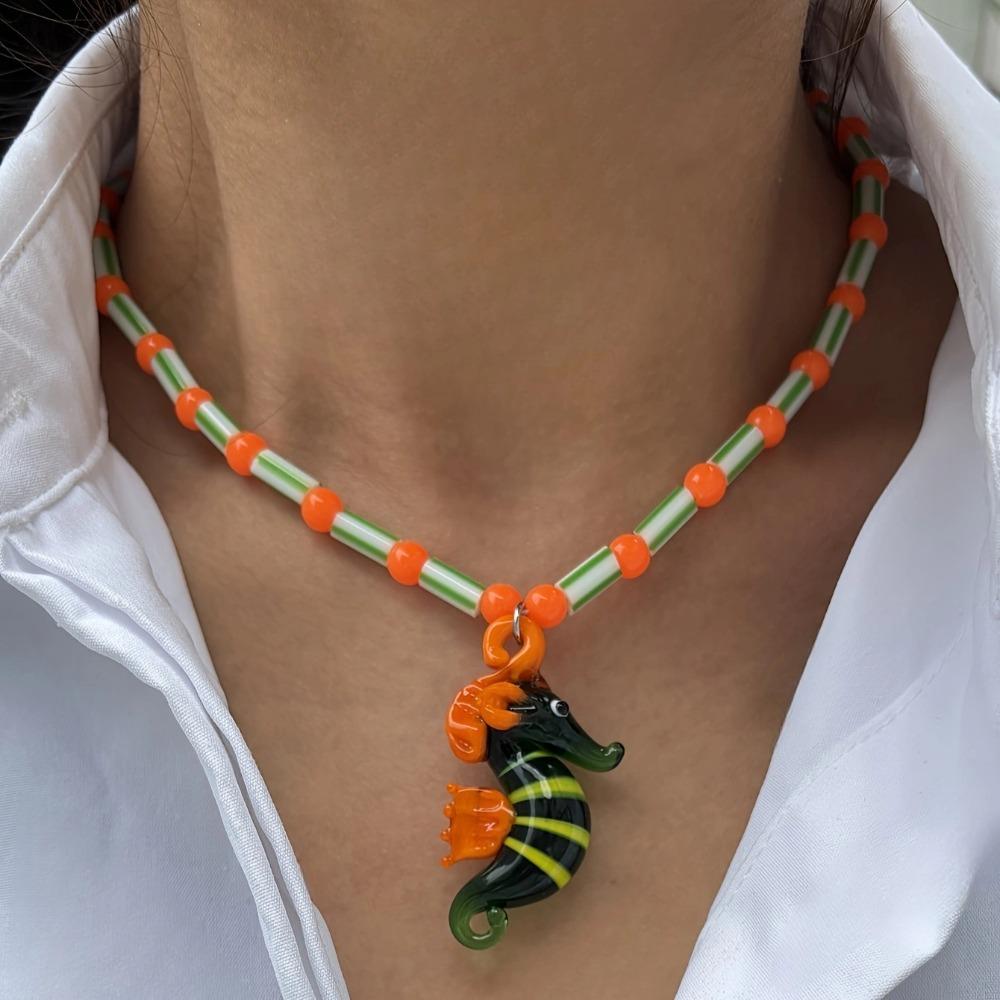 Tropical Island Seahorse Pendant Colorful Glass Beaded Necklace Women and Girls
