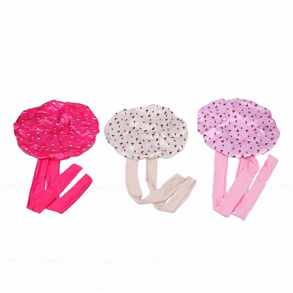 3pcs Satin Sleep Bonnet Double Layer Adjustable Elastic Band Wide Design Cherry Print Silk Bonnet