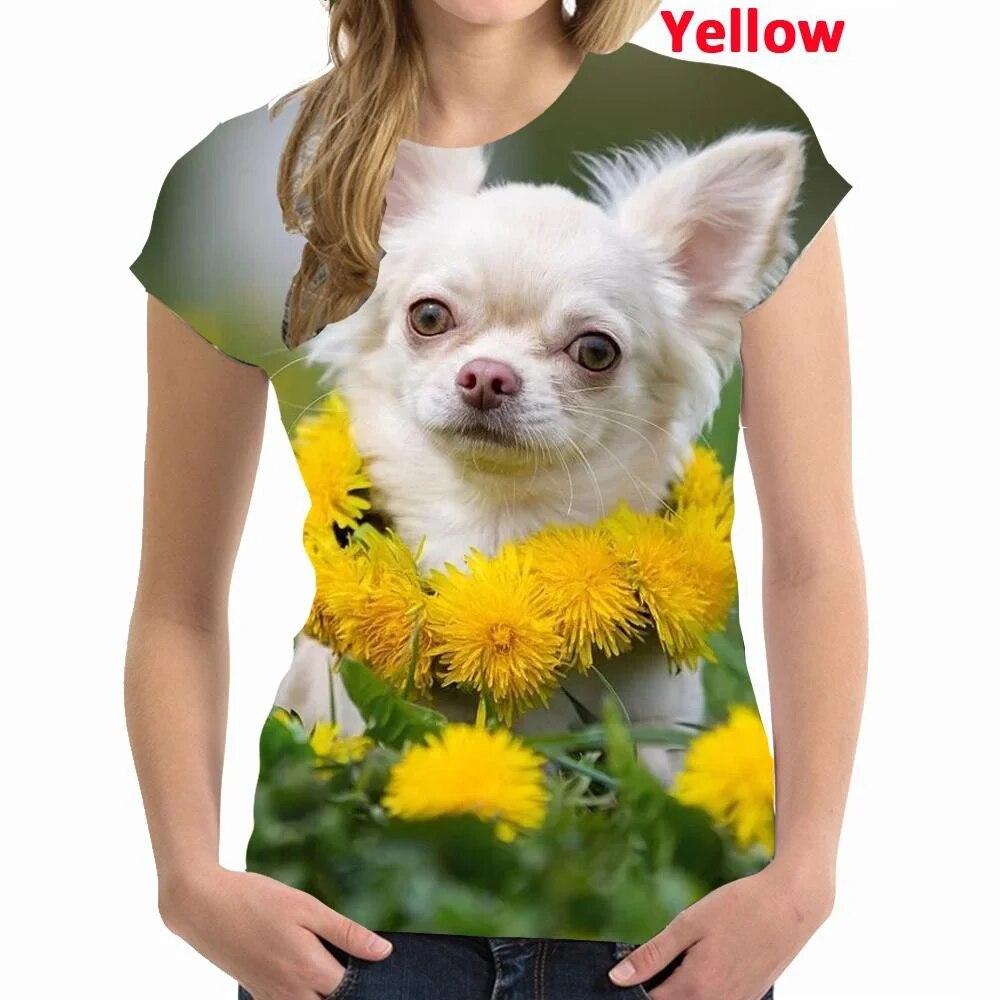 Nejnovější letní dámská móda Roztomilý zvířecí pes Tričko s 3D potiskem Pro volný čas Čivava Tričko s kulatým výstřihem a krátkým rukávem