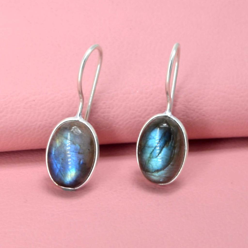 Labradorit 925 Sterlingové stříbro Visací náušnice, Drahokam Ručně vyráběné Visací náušnice