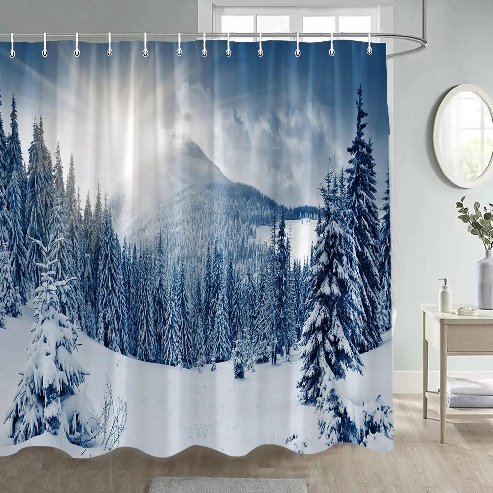 Zima Vánoce Sprchový závěs Legrační sněhulák Xmas Trees Krbové auto Lesní Snowy Scéna Nový rok Holiday Home Dekorace koupelny