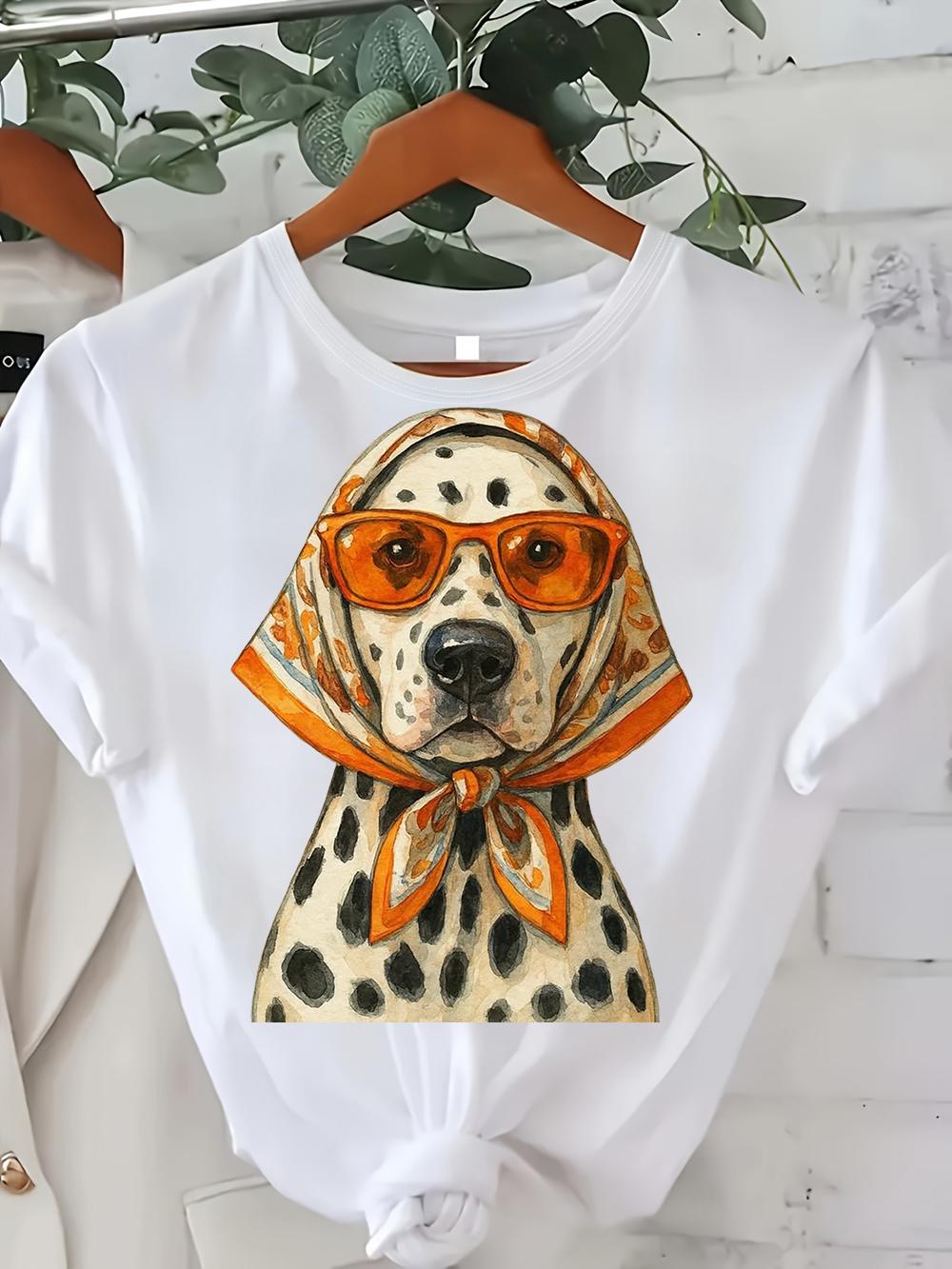 

Kawaii Fashion Dog Print Tshirt Cute ShortSleeve White Casual Crew Neck Top Trendy Chic Pup Tee Fashionable Versatile Top S