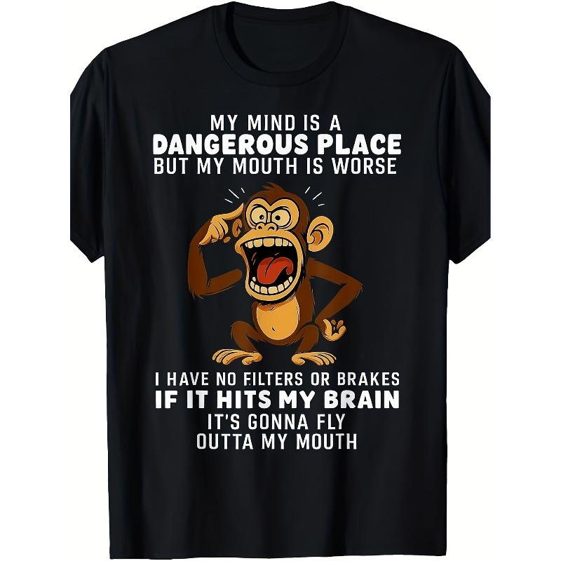

Men S Monkey Print Tshirt Featuring The Phrase My Mind Is a Dangerous Place Casual Short Sleeve Ideal for Celebrations And Vacations Crew Neck 2XL чёрный