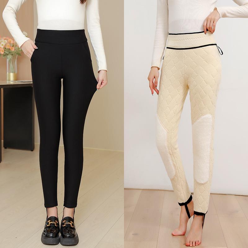 Lamb Wool Silk Pants Women's Winter Wear Fleece Thickened Leggings High Waist Super Thick Knee Pads Warm Cotton Pants