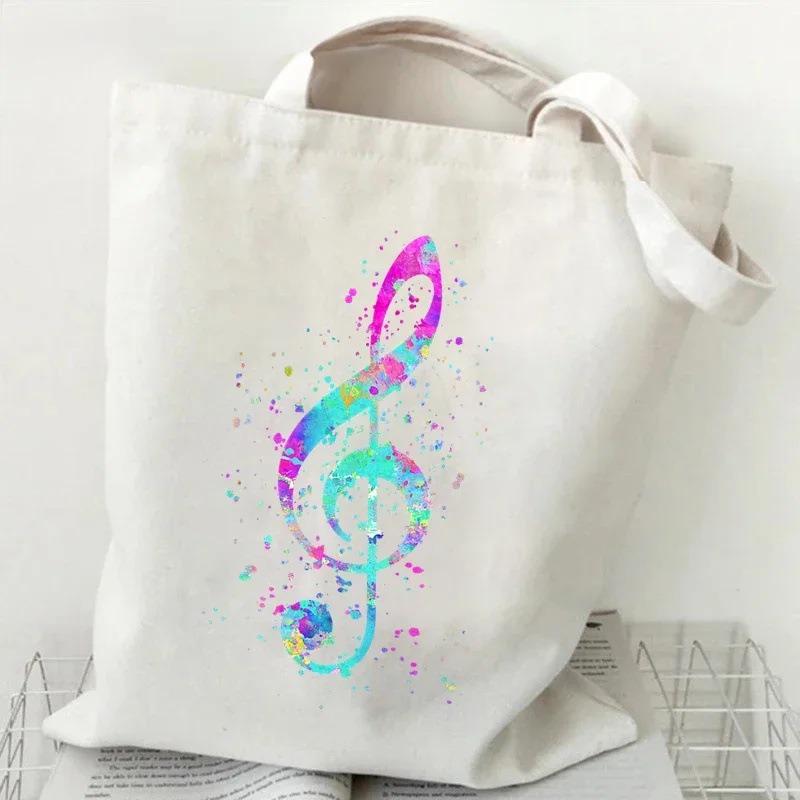 Music Heartbeat Printed Canvas Bag Shoulder Bag Folding Bag Handheld Shopping Bag Large Capacity Durable Eco Friendly Bag