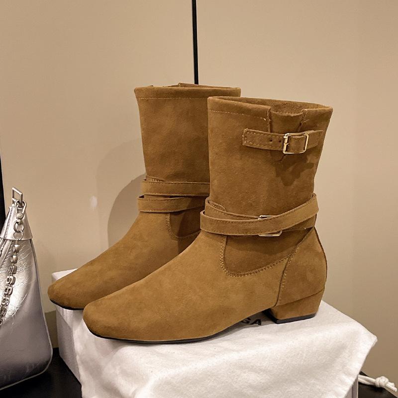

2025 нишевая мода плиссированная пряжка ремня выглядит тонкой, но ботильоны на наклонном каблуке до колена ретро ковбойские сапоги вестерн женские 40 коричневый