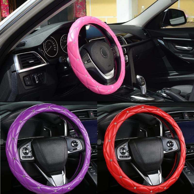 Leather Steering Wheel Cover Featurings Sparkling Rhinestones Studs for Enhanced Driving Comfort and Antislip