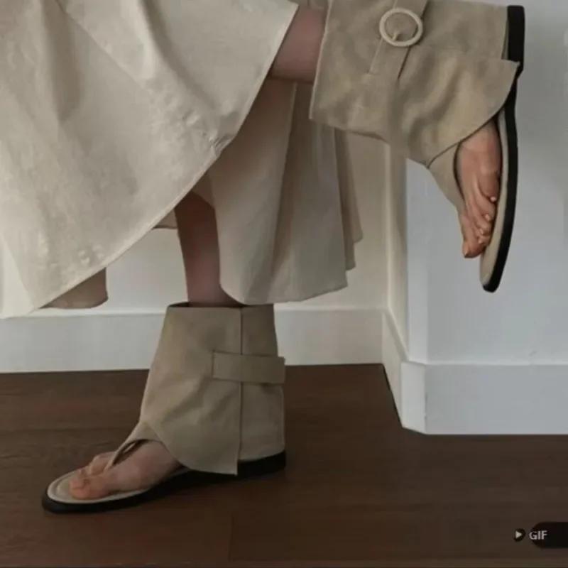 New 2025 Summer Women Sandals Boots Fashion Open Toe Flats Sheepskin  Retro High Top  Street Shoes Zapatos De Mujer