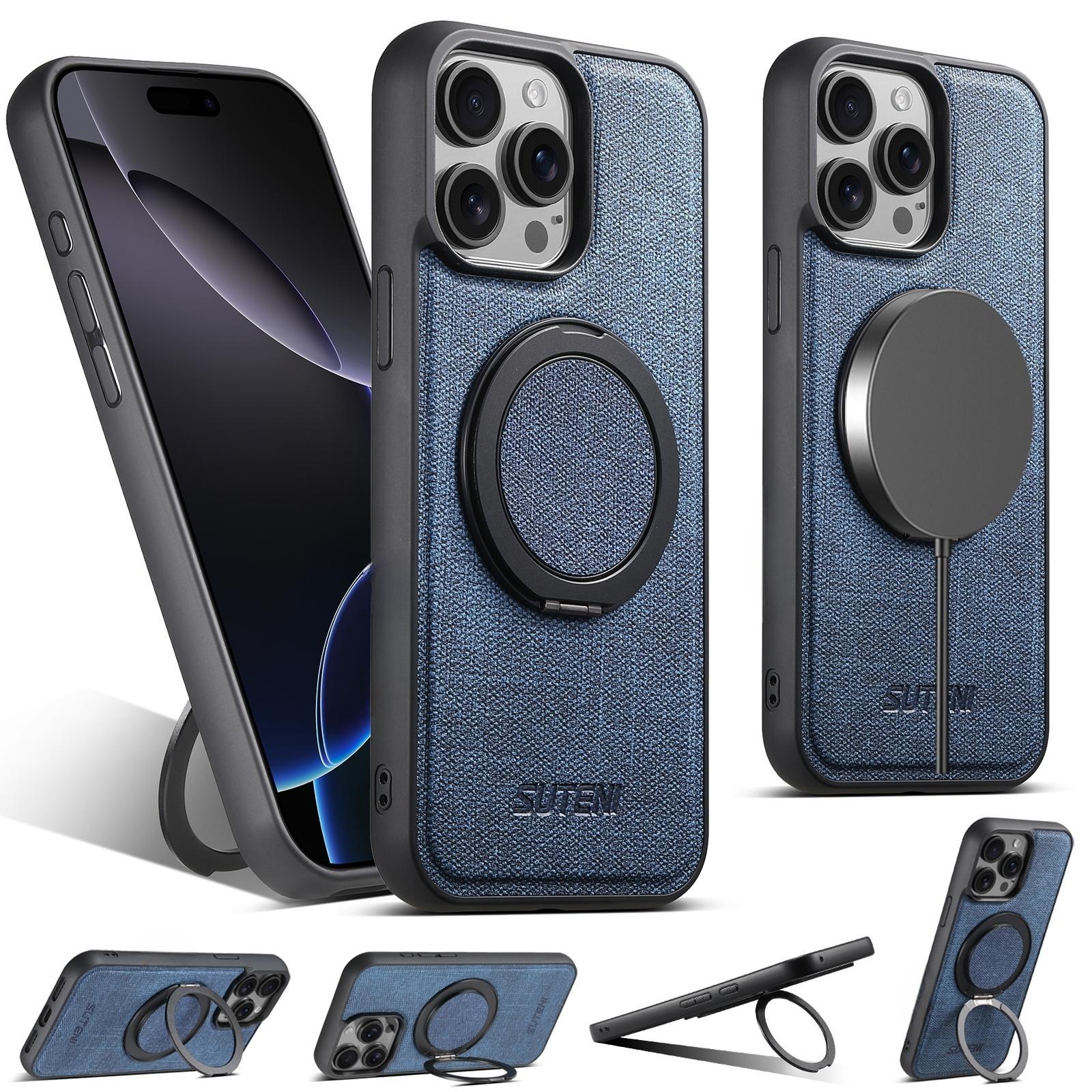 

SUTENI G3 For iPhone 15 Pro Magnetic Case Rotating Ring Kickstand Jeans Texture PU TPU Phone Back Cover Blue