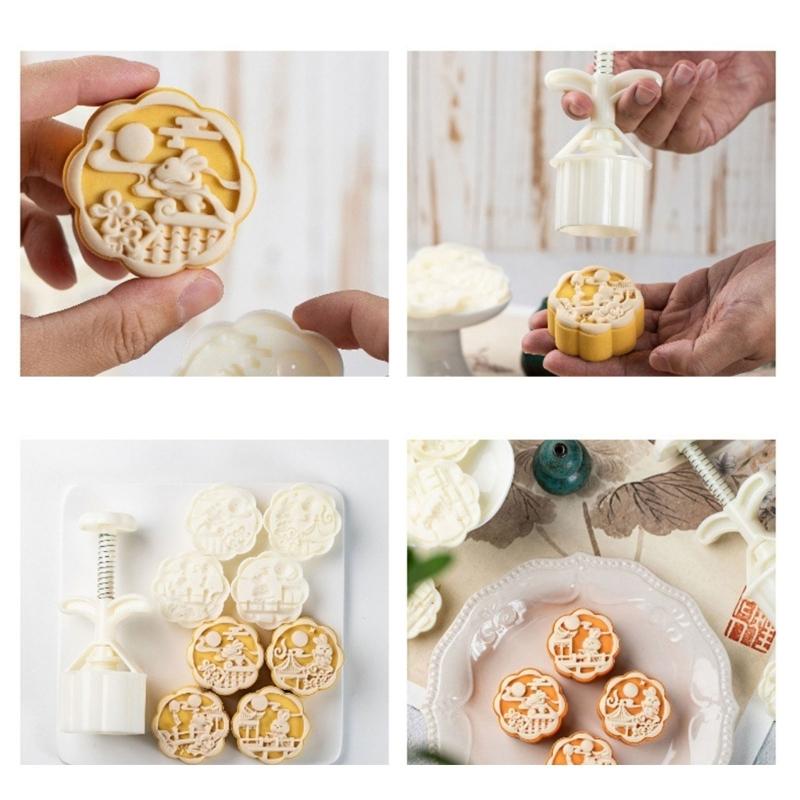 Plastic Moon Cake Molds Set 4 Stamps 3D Rabbit Pattern Cookie Stamps Pastry Hand Press Tool for Baking Enthusiasts