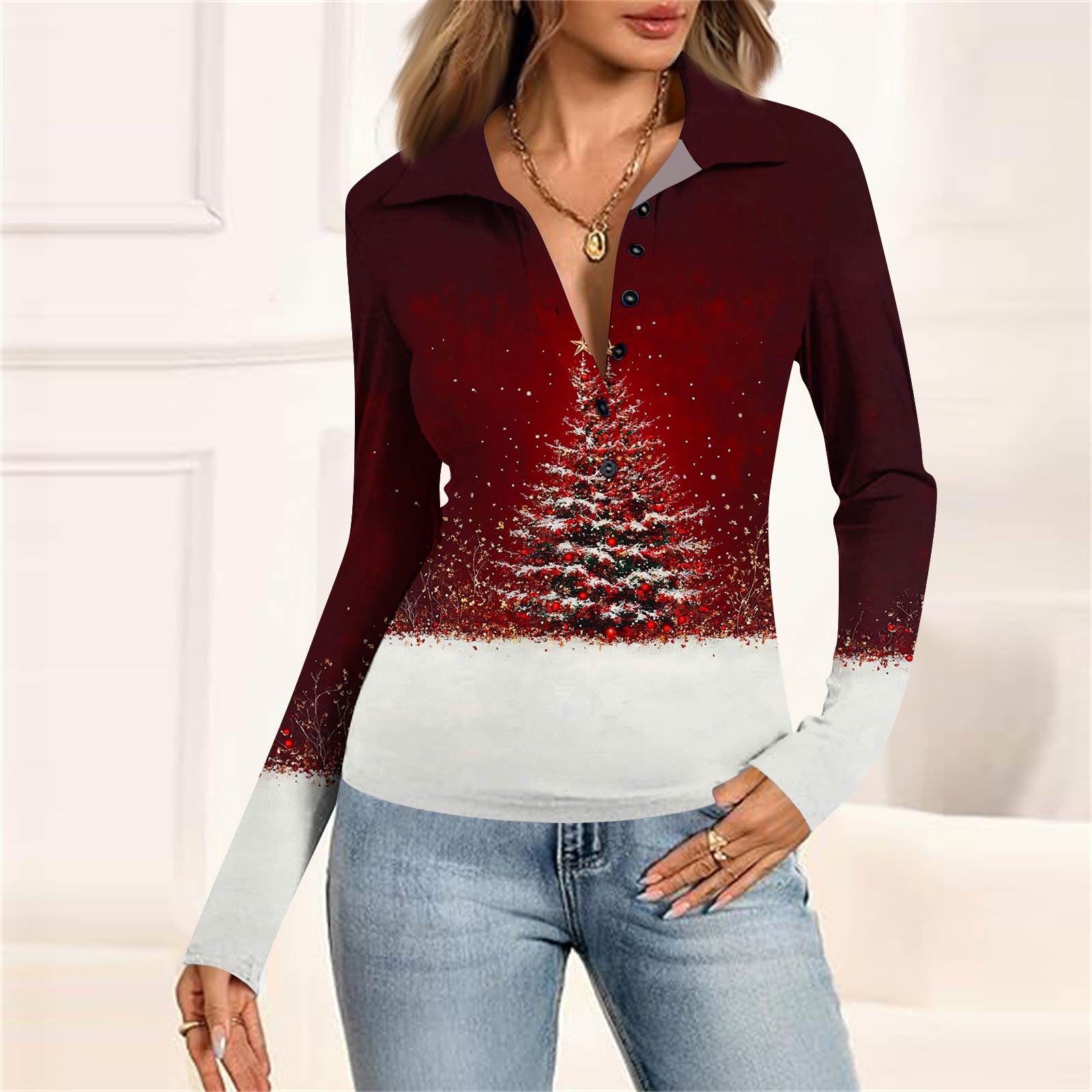 

Женская мода Повседневный принт V-образный вырез Длинный рукав Застегивающаяся на пуговицы блузка XL