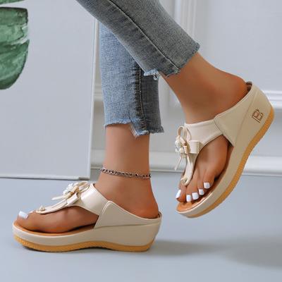 Foreign Trade Large Size 2025 New Slope Heel Sandals Open-toed Beach Casual Bow Flip-flops Thick Bottom Europe and America