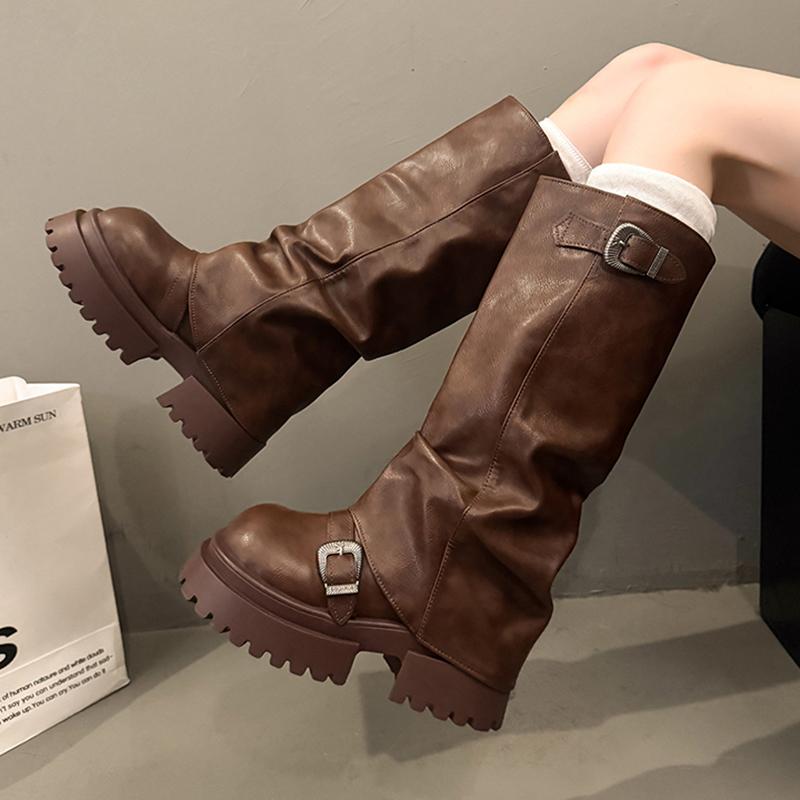 Fashion Chunky Platform Y2K Long Boots Women 2025 Winter Punk Metal Belt Buckle Thick Bottom Knee High Boots New Designer Shoes Female